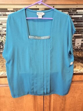 Vtg Campus Casuals of California Teal Pleated Blouse Beaded Accent Size Large